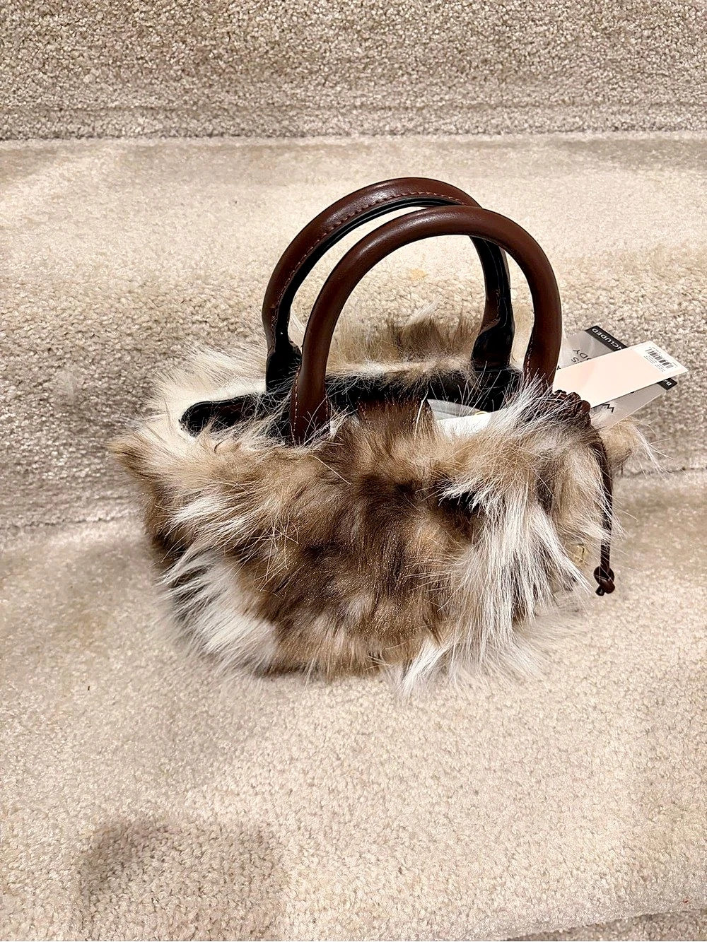 BCBG GENERATION Faux Fur Top Handle Bag in Brown & Cream NWT